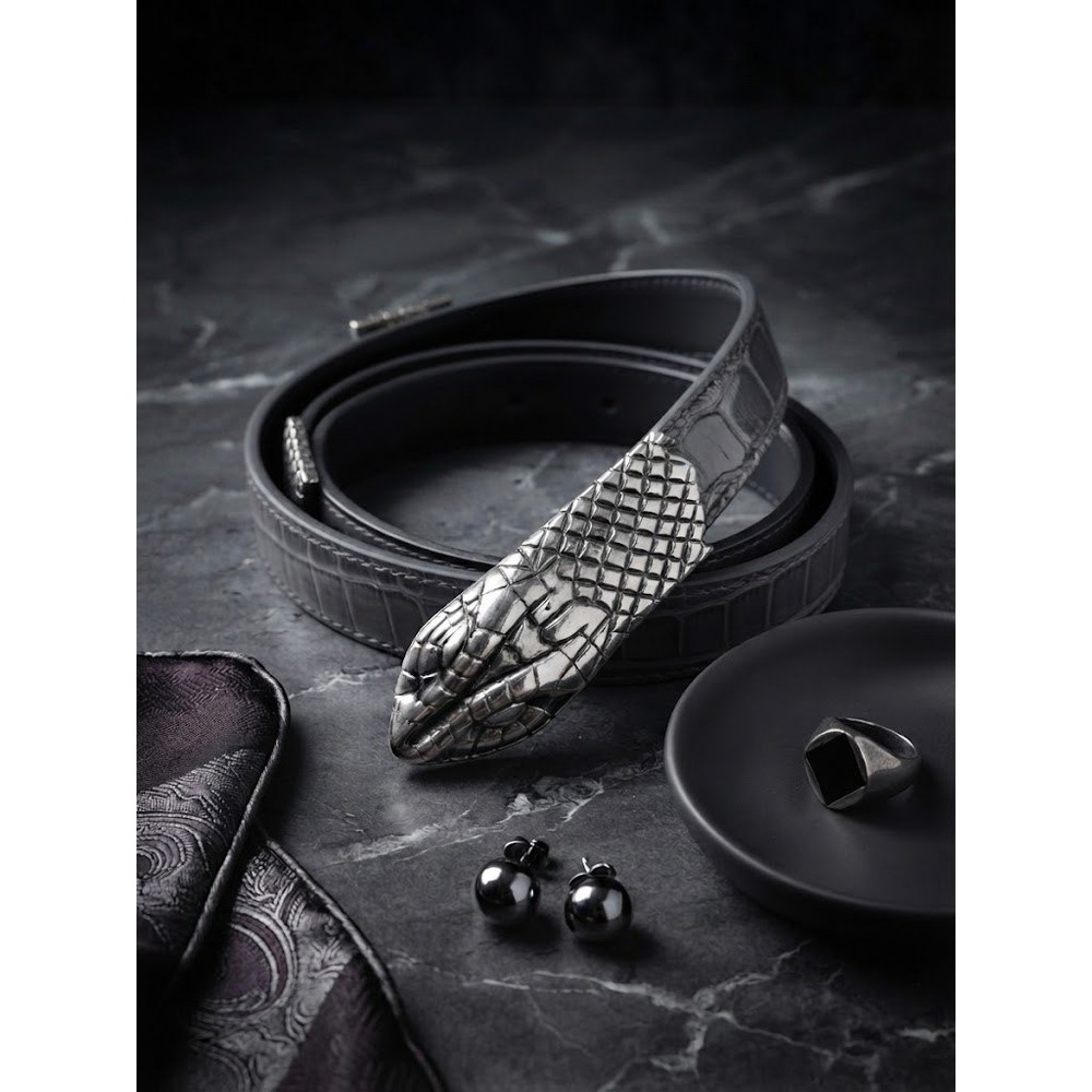 Avignon Snake Head Belt ML Black Crocodile Embossed Leather Silver Hardware